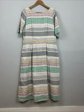eShakti Cotton/Linen Gauzy Midi Dress Novelty Standing People Stripe Print